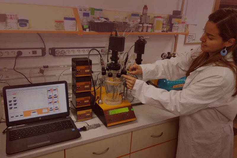 Wissenschaftlerin mit LAMBDA MINIFOR Bioreaktor und automationssoftware im Labor